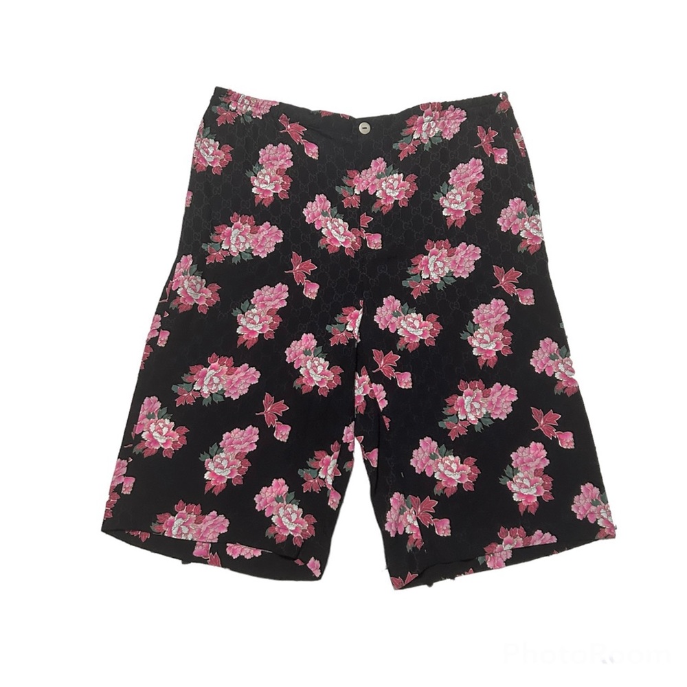 New Gucci Black GG Monogram Peony Print Silk Shorts Size 48